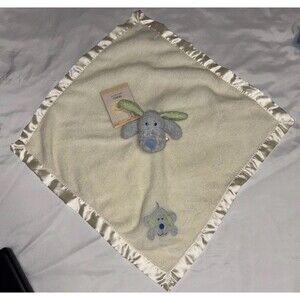 Blankets and Beyond Blue w/green Ears Dog Pastel Yellow Satin Trim Security Size